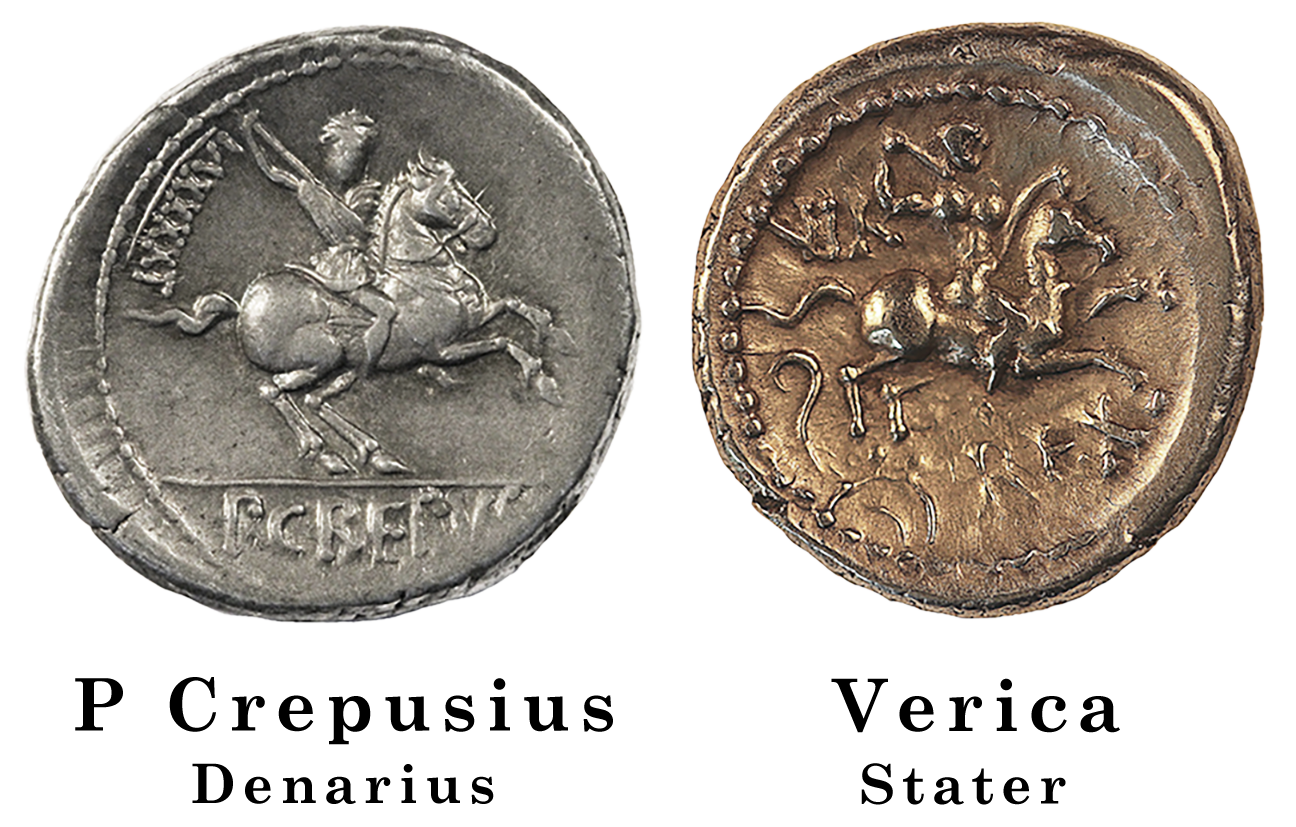 P. Crepusius denarius and Verica Second Coinage stater reverses.